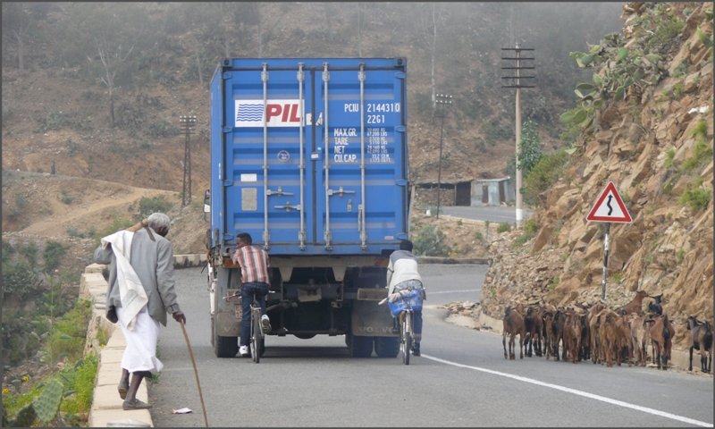 W�hrend der Hirte mit seinen Ziegen zu Fuss den Berg hochgeht, lassen sich die zwei Radfahrer von einem der langsam fahrenden Lastwagen den Berg hochziehen. Hauptstrasse Massawa-Asmara. (28.10.2008)